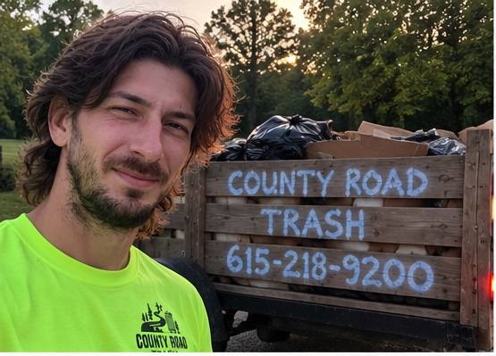 County Road Trash owner beside the branded trash trailer